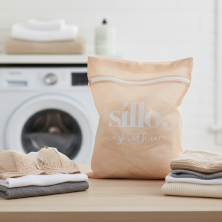 Sillo Care 2 Pack laundry mesh wash bags in blush peach beside folded laundry near a washing machine — protects silk pillowcases and delicates during washing.