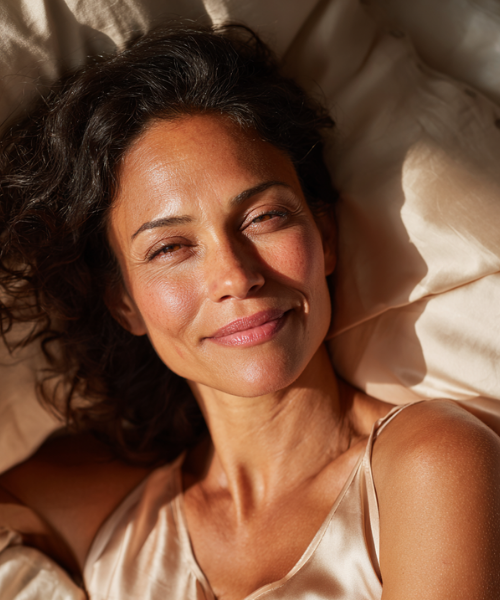 Woman who made the switch to Sillo silk pillowcase an anti aging silk pillowcase made from 6A-grade 22 Momme mulberry silk that reduces wrinkles, prevents sleep lines, and supports smoother, hydrated, youthful-looking skin.
