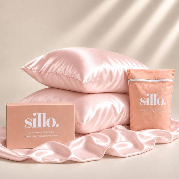 Sillo blush pink Silk Pillowcase 2 Pack Gift Set— Anti-Acne, Reduces Hair Frizz and Breakage, 22-Momme Grade 6A Organic Mulberry Silk Woven with Silver Ions, Includes 2 Silk Pillowcases and Sillo Care Washbag