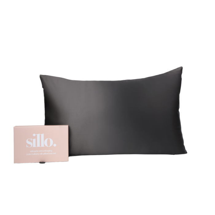 Charcoal Grey Sillo silk pillowcase set of 2 with Sillo Care Washbag — 22 Momme 6A grade organic Mulberry silk for acne-prone, sensitive skin and frizz-free hair; cooling, temperature-regulating, hypoallergenic, eco-friendly.