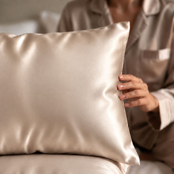 A close-up of a person in matching beige pajamas holding light champagne Sillo silk 22 momme mulberry silk pillowcase with envelope closure  in a softly lit bedroom setting.