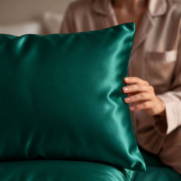 A close-up of a person in matching beige pajamas holding emerald green Sillo silk 22 momme mulberry silk pillowcase with envelope closure  in a softly lit bedroom setting.