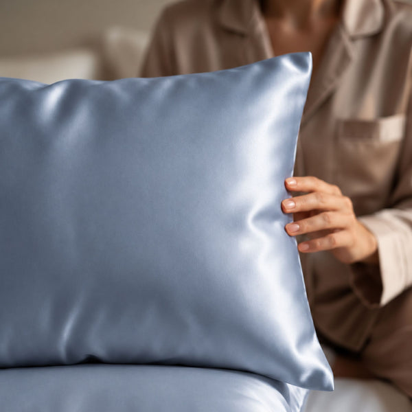 A close-up of a person in matching beige pajamas holding Haze Blue Sillo silk 22 momme mulberry silk pillowcase with envelope closure  in a softly lit bedroom setting.
