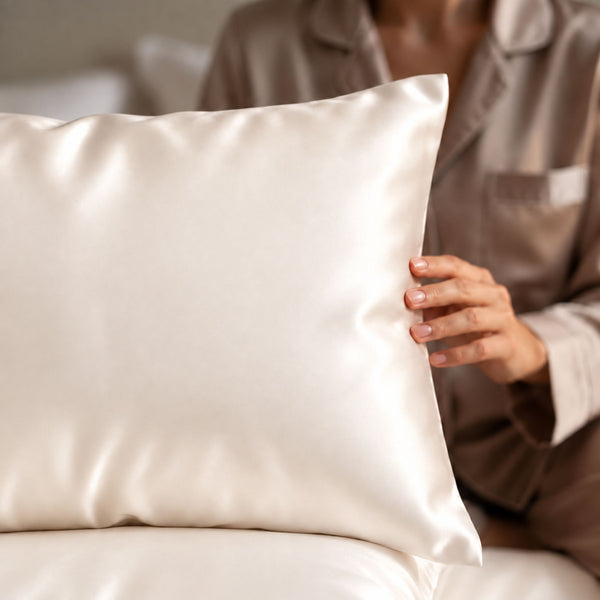 A close-up of a women holding ivory white Sillo silk 22 momme mulberry silk pillowcase with envelope closure  in a softly lit bedroom setting.