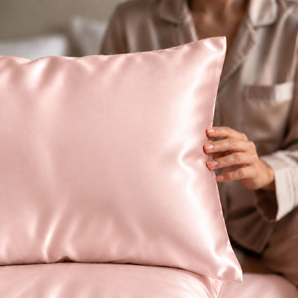 A close-up of a women holding blush pink Sillo silk 22 momme mulberry silk pillowcase with envelope closure  in a softly lit bedroom setting.
