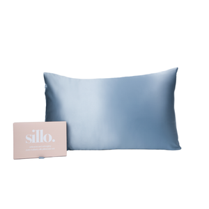 Haze Blue Sillo silk pillowcase set of 2 with Sillo Care Washbag — 22 Momme 6A grade organic Mulberry silk for acne-prone, sensitive skin and frizz-free hair; cooling, temperature-regulating, hypoallergenic, eco-friendly.