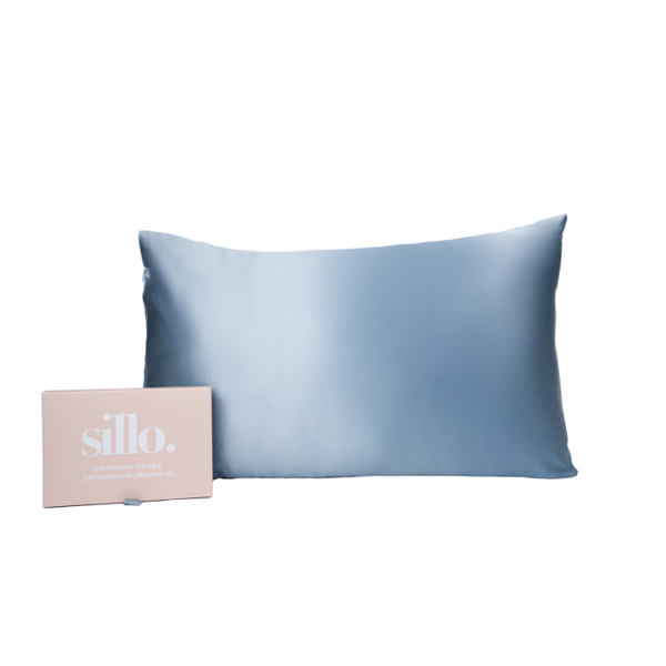Haze Blue Sillo silk pillowcase set of 2 with Sillo Care Washbag — 22 Momme 6A grade organic Mulberry silk for acne-prone, sensitive skin and frizz-free hair; cooling, temperature-regulating, hypoallergenic, eco-friendly.