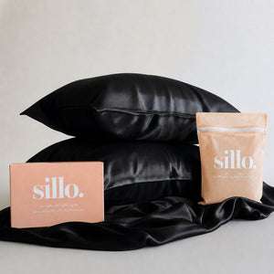 Sillo Black Silk Pillowcase 2 Pack Gift Set — Anti-Acne, Reduces Hair Frizz and Breakage, 22-Momme Grade 6A Organic Mulberry Silk Woven with Silver Ions, Includes 2 Silk Pillowcases and Sillo Care Washbag