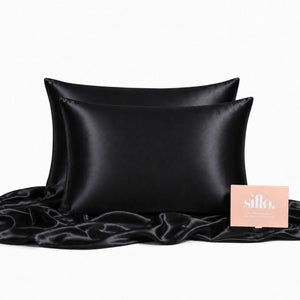 Sillo Black Silk Pillowcase 2 Pack Includes 2 Silk Pillowcases and Sillo Care Washbag, 22-Momme Grade 6A Organic Mulberry Silk Woven with Silver Ions, Anti-Acne, Reduces Hair Frizz and Breakage