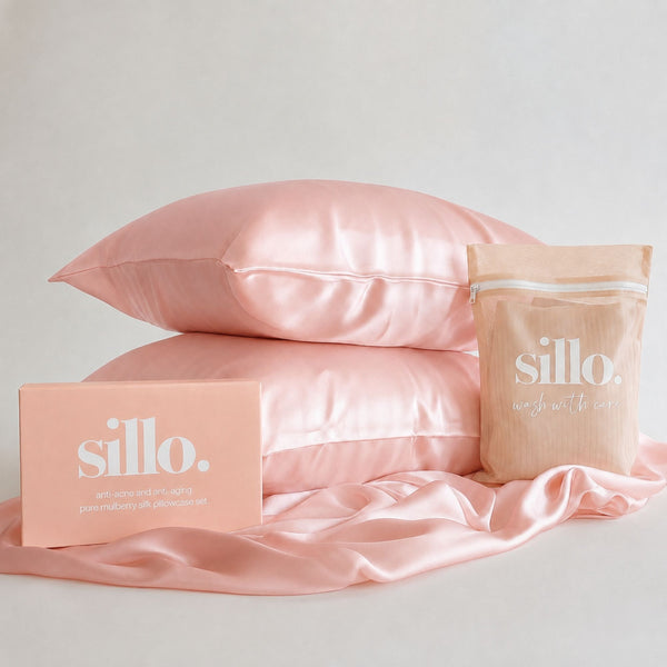 Sillo Haze Blue Silk Pillowcase 2 Pack Gift Set— Anti-Acne, Reduces Hair Frizz and Breakage, 22-Momme Grade 6A Organic Mulberry Silk Woven with Silver Ions, Includes 2 Silk Pillowcases and Sillo Care Washbag