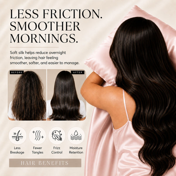 Sillo Blush Pink Silk Pillowcase Less Friction. Smoother Mornings. Soft silk helps reduce overnight friction leaving hair smoother, softer and easier to manage. Benefits: Less Breakage, Fewer Tangles, Frizz Control, Moisture Retention.