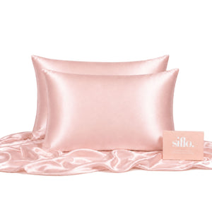 Sillo Blush Pink Silk Pillowcase 2 Pack 22-Momme Grade 6A Organic Mulberry Silk Woven with Silver Ions, Anti-Acne, Reduces Hair Frizz and Breakage, Includes 2 Silk Pillowcases and Sillo Care Washbag