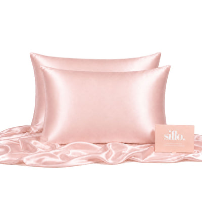 Sillo Blush Pink Silk Pillowcase 2 Pack 22-Momme Grade 6A Organic Mulberry Silk Woven with Silver Ions, Anti-Acne, Reduces Hair Frizz and Breakage, Includes 2 Silk Pillowcases and Sillo Care Washbag