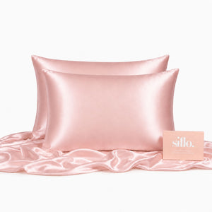 Sillo Blush Pink Silk Pillowcase 2 Pack 22-Momme Grade 6A Organic Mulberry Silk Woven with Silver Ions, Anti-Acne, Reduces Hair Frizz and Breakage, Includes 2 Silk Pillowcases and Sillo Care Washbag