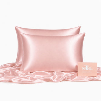 Sillo Blush Pink Silk Pillowcase 2 Pack 22-Momme Grade 6A Organic Mulberry Silk Woven with Silver Ions, Anti-Acne, Reduces Hair Frizz and Breakage, Includes 2 Silk Pillowcases and Sillo Care Washbag