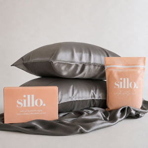 Sillo Charcoal Grey Silk Pillowcase 2 Pack Gift Set— Anti-Acne, Reduces Hair Frizz and Breakage, 22-Momme Grade 6A Organic Mulberry Silk Woven with Silver Ions, Includes 2 Silk Pillowcases and Sillo Care Washbag