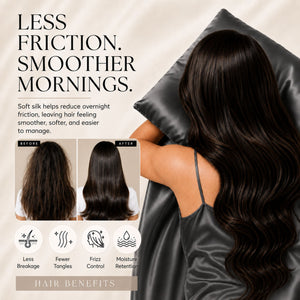 Sillo Charcoal Grey Silk Pillowcase, Less Friction. Smoother Mornings. Soft silk helps reduce overnight friction leaving hair smoother, softer and easier to manage. Benefits: Less Breakage, Fewer Tangles, Frizz Control, Moisture Retention.