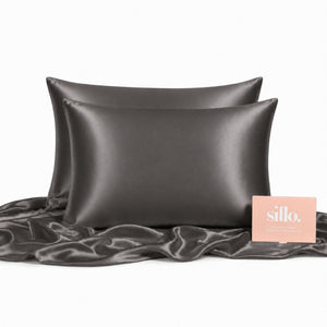 Sillo Charcoal Grey Silk Pillowcase 2 Pack  Reduces Hair Frizz and Breakage, Anti-Acne, Includes 2 Silk Pillowcases and Sillo Care Washbag, 22-Momme Grade 6A Organic Mulberry Silk Woven with Silver Ions
