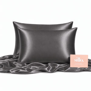 Sillo Charcoal Grey Silk Pillowcase 2 Pack  Reduces Hair Frizz and Breakage, Anti-Acne, Includes 2 Silk Pillowcases and Sillo Care Washbag, 22-Momme Grade 6A Organic Mulberry Silk Woven with Silver Ions.