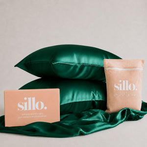 Sillo Emerald Silk Pillowcase 2 Pack Gift Set — Anti-Acne, Reduces Hair Frizz and Breakage, 22-Momme Grade 6A Organic Mulberry Silk Woven with Silver Ions, Includes 2 Silk Pillowcases and Sillo Care Washbag