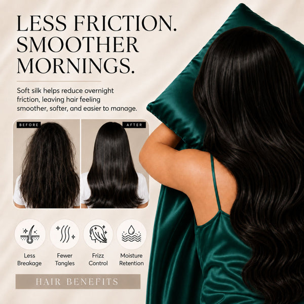 Sillo Emerald Green Silk Pillowcase, Less Friction. Smoother Mornings. Soft silk helps reduce overnight friction leaving hair smoother, softer and easier to manage. Benefits: Less Breakage, Fewer Tangles, Frizz Control, Moisture Retention.