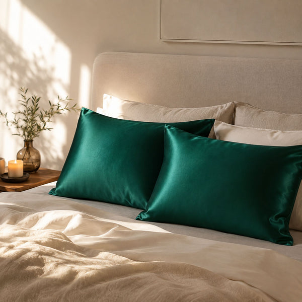 Sillo silk pillowcase 2 pack in emerald green 22 momme mulberry silk in a bedroom setting 