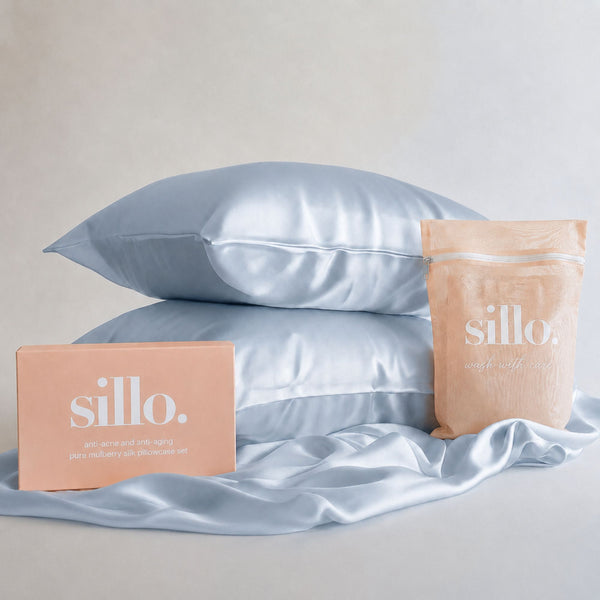 Sillo Haze Blue Silk Pillowcase 2 Pack Gift Set — Anti-Acne, Reduces Hair Frizz and Breakage, 22-Momme Grade 6A Organic Mulberry Silk Woven with Silver Ions, Includes 2 Silk Pillowcases and Sillo Care Washbag