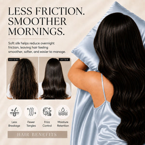 Sillo Haze Blue Silk Pillowcase, Less Friction. Smoother Mornings. Soft silk helps reduce overnight friction leaving hair smoother, softer and easier to manage. Benefits: Less Breakage, Fewer Tangles, Frizz Control, Moisture Retention.