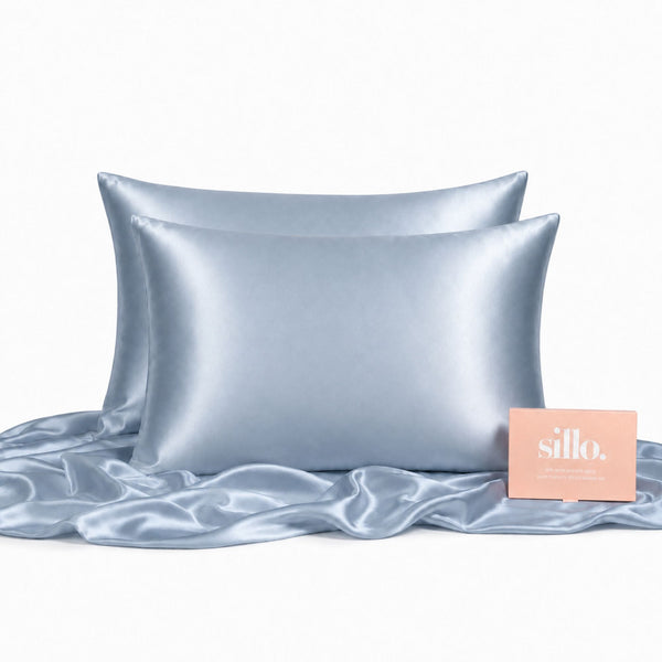 Sillo Haze Blue Silk Pillowcase 2 Pack  Anti-Acne, Reduces Hair Frizz and Breakage, Includes 2 Silk Pillowcases and Sillo Care Washbag, 22-Momme Grade 6A Organic Mulberry Silk Woven with Silver Ions