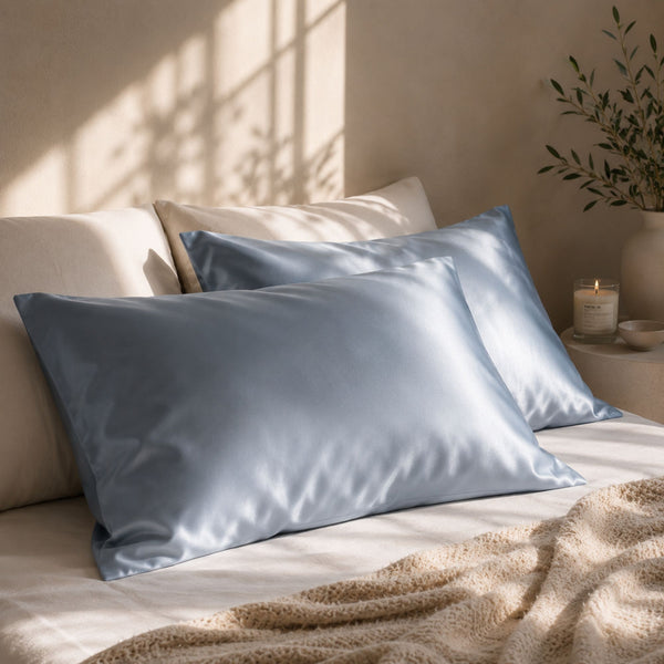Sillo silk pillowcase 2 pack in haze blue 22 momme mulberry silk in a bedroom setting 