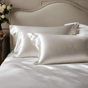 Sillo silk pillowcase 2 pack in ivory white 22 momme mulberry silk in a bedroom setting 