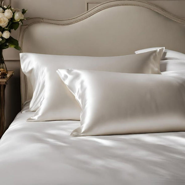 Sillo silk pillowcase 2 pack in ivory white 22 momme mulberry silk in a bedroom setting 