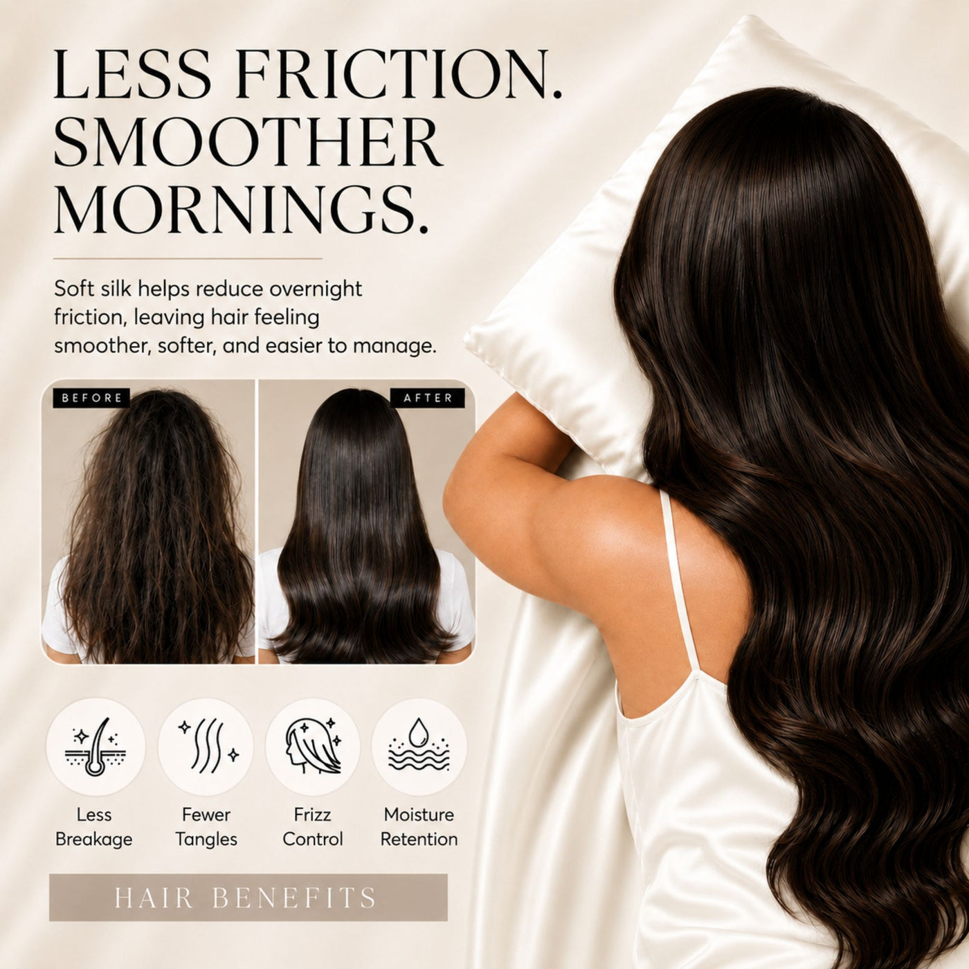 Sillo Ivory White Silk Pillowcase, Less Friction. Smoother Mornings. Soft silk helps reduce overnight friction leaving hair smoother, softer and easier to manage. Benefits: Less Breakage, Fewer Tangles, Frizz Control, Moisture Retention.