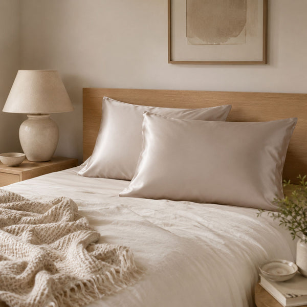 Sillo silk pillowcase 2 pack in light champagne  22 momme mulberry silk in a bedroom setting 