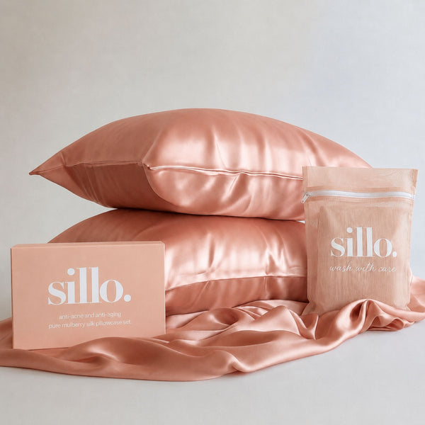 Sillo Rose Pink Silk Pillowcase 2 Pack Gift Set— Anti-Acne, Reduces Hair Frizz and Breakage, 22-Momme Grade 6A Organic Mulberry Silk Woven with Silver Ions, Includes 2 Silk Pillowcases and Sillo Care Washbag