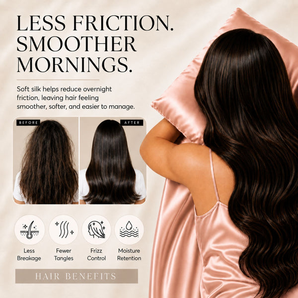 Sillo Rose Pink Silk Pillowcase , Less Friction. Smoother Mornings. Soft silk helps reduce overnight friction leaving hair smoother, softer and easier to manage. Benefits: Less Breakage, Fewer Tangles, Frizz Control, Moisture Retention.