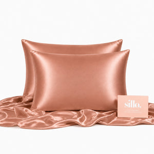 Sillo Rose Pink Silk Pillowcase 2 Pack  Includes 2 Silk Pillowcases and Sillo Care Washbag, Anti-Acne, 22-Momme Grade 6A Organic Mulberry Silk Woven with Silver Ions, Reduces Hair Frizz and Breakage
