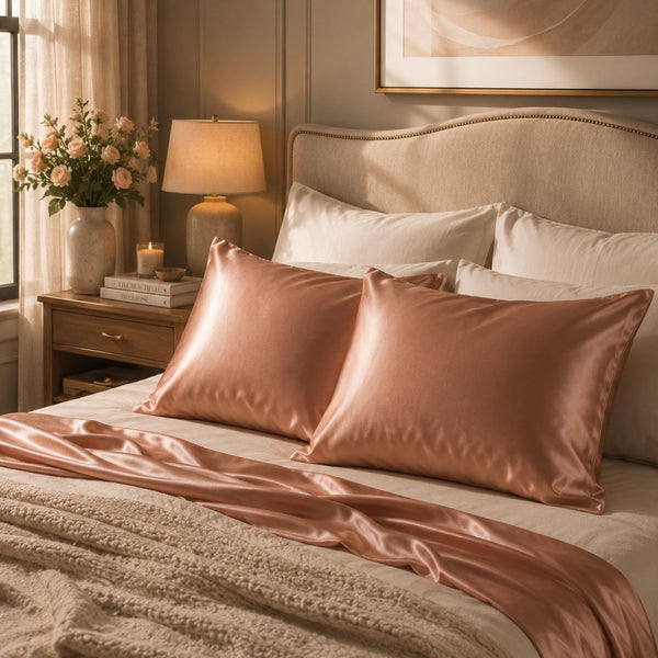Sillo silk pillowcase 2 pack in rose pink  22 momme mulberry silk in a bedroom setting 