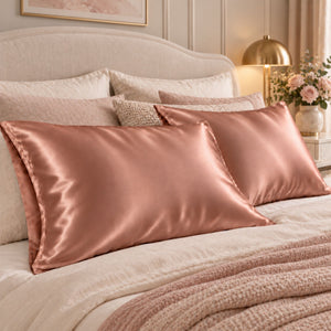 Two Sillo Rose Pink silk pillowcases 22 momme mulberry silk with envelope closure, woven with silver ions neatly made bed with neutral-toned bedding, pillows, a bedside lamp, and a vase of flowers.