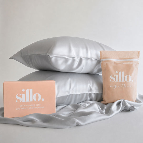 Sillo Silver Silk Pillowcase 2 Pack Gift Set— Anti-Acne, Reduces Hair Frizz and Breakage, 22-Momme Grade 6A Organic Mulberry Silk Woven with Silver Ions, Includes 2 Silk Pillowcases and Sillo Care Washbag
