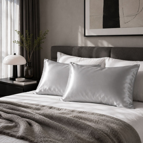 Sillo silk pillowcase 2 pack in silver 22 momme mulberry silk in a bedroom setting 