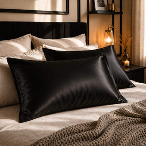 Two black Sillo silk pillowcases 22 momme mulberry silk envelope closure with silver ions, displayed on a bed with beige bedding and pillows in a warm, modern bedroom setting.