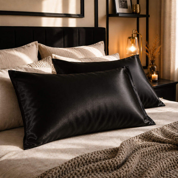Two black Sillo silk pillowcases 22 momme mulberry silk envelope closure with silver ions, displayed on a bed with beige bedding and pillows in a warm, modern bedroom setting.