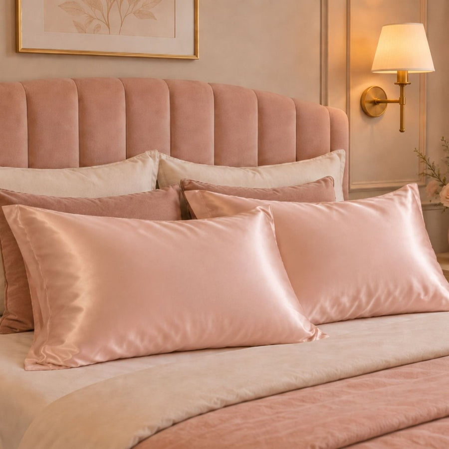 A styled bedroom scene showing a bed with two blush pink Sillo silk pillowcases woven with silver ions 22 momme mulberry, with envelope closure.