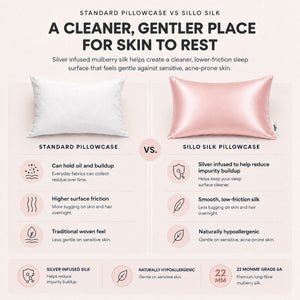 Sillo blush pink silk pillowcase vs standard cotton pillowcase. Silver ion technology offers benefits for sensitive skin and helps reduce acne breakouts overnight.