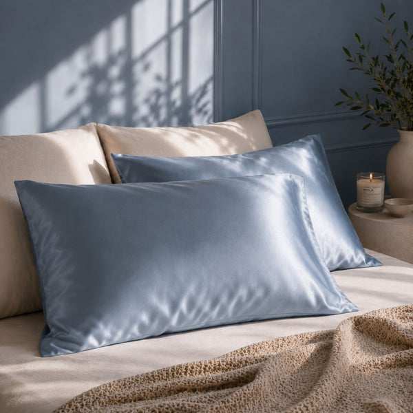 Two Haze blue Sillo silk pillowcases made with 22 momme mulberry silk with silver ions, styled on a bed with beige pillows and a textured beige blanket against a blue paneled wall.