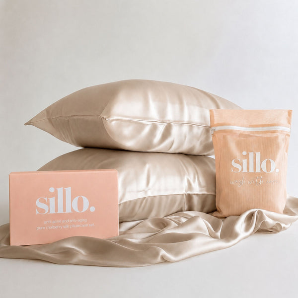 Sillo Light Champagne Silk Pillowcase 2 Pack Gift Set — Anti-Acne, Reduces Hair Frizz and Breakage, 22-Momme Grade 6A Organic Mulberry Silk Woven with Silver Ions, Includes 2 Silk Pillowcases and Sillo Care Washbag