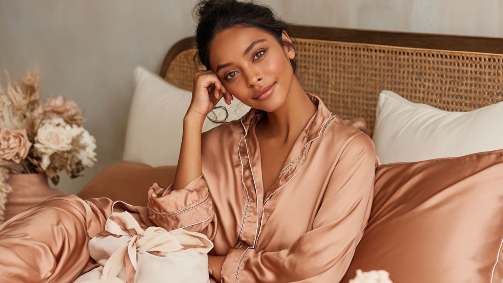 Sillo Rose Pink mulberry silk pillowcase 2 pack  with a mixed woman relaxing in bed reduces frizz breakage smoother hair. 