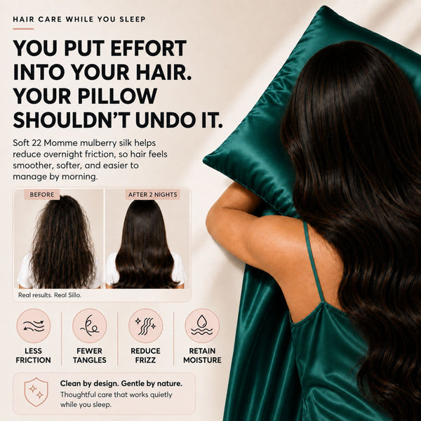 Sillo Emerald Green Silk Pillowcase, Less Friction. Smoother Mornings. Soft silk helps reduce overnight friction leaving hair smoother, softer and easier to manage. Benefits: Less Breakage, Fewer Tangles, Frizz Control, Moisture Retention.