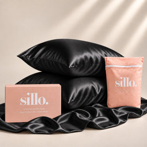 Sillo Black Silk Pillowcase 2 Pack Gift Set — Anti-Acne, Reduces Hair Frizz and Breakage, 22-Momme Grade 6A Organic Mulberry Silk Woven with Silver Ions, Includes 2 Silk Pillowcases and Sillo Care Washbag